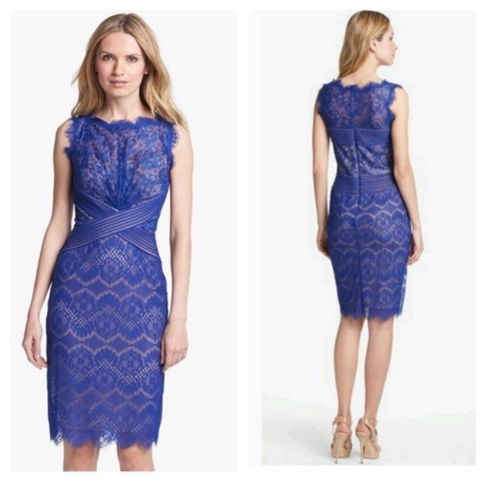 Tadashi Shoji Blue Chantilly Lace Boatneck Dress